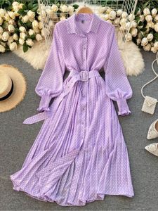 Casual jurken lente elegante paarse dames stip geplooide jurk 2023 Koreaanse kleding lange mouw vintage chiffon shirt vrouwelijk gewaad