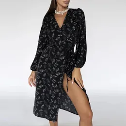 Robes décontractées Printemps élégant col en V fendu longue robe femmes manches taille plage fête automne mode imprimé bohème maxi