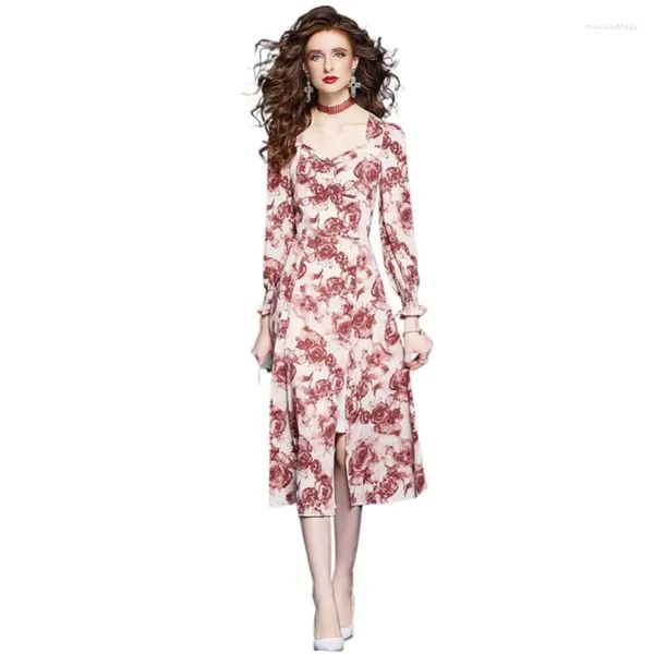 Robes décontractées printemps élégante robe longue de femme collier carré à imprimé floral