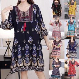 Robes décontractées printemps de style ethnique imprimé robe boho élégante fleur lâche plage fête genoue femmes mode petits fragments floraux vestidos