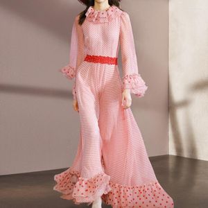 Casual jurken Spring Fall Outfits Women 2023 Runway Designers Vintage Elegante Ruches Lange Mouw Gloffed Maxi Dress Pink Polka Dot