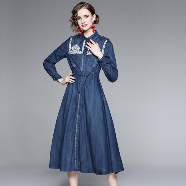 Robes décontractées Printemps Automne Vintage Femmes Vêtements Broderie À manches longues Sash Denim Robe Automne Bleu Long Jeans Pour WomanCasual