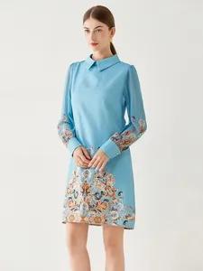 Casual jurken Spring Fashion Blue Mini Dress For Women Patchwork Long Puff Sleeve Rapel Bloemprint Losse A Line Short Vestidios