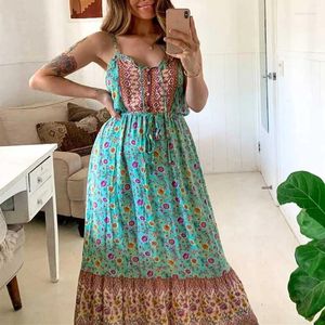 Robes décontractées printemps vert bretelles florales été boutons vers le bas longue Boho robe sans manches pour les femmes plage grande taille vêtements de fête