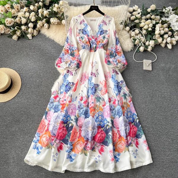 Robes décontractées Printemps Vacances Fleur Lin Maxi Robe Élégante Col En V Haute Taille Élastique Longue Lanterne Manches Robe De Bal Vêtements Robes De Fête