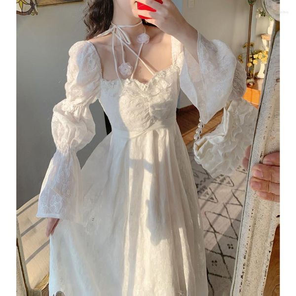 Robes Décontractées Printemps À Manches Longues Robe De Fée Blanc En Mousseline De Soie Broderie Doux Mignon Kawaii Robe Femme Cross Strap Col Carré Chic Midi