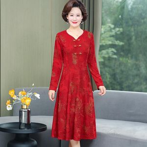 Robes décontractées printemps paon Jacquard genou longueur col en V à manches longues robe trapèze femmes bureau dame élégante fête