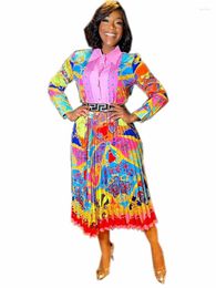 Vestidos casuales Primavera Rosa Impreso Vestido largo plisado Mujeres Moda Africana Manga Jersey Cardigan Retro Camisa Damas Robe