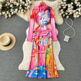 Casual jurken lente retro mode print slanke wrap fishtail jurk vrouwen western lange mouw vintage elegante kleding vestidos de mujer j605