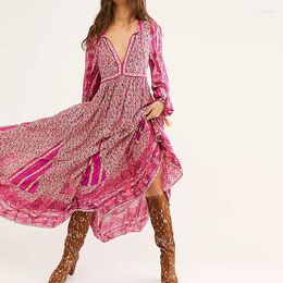 Robes décontractées Printemps Sexy Col V profond Lâche Longue Robe Femmes Manches Plissées Fête Automne Élégant Floral Imprimé Bohe