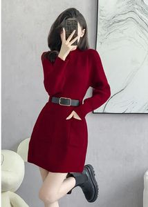 Casual Jurken Lente Sexy Met Riem Gebreide Jurk Vrouwen Slanke Herfst Winter Lange Mouw Hoge Taille Wijn Rode Korte Trui vestidos