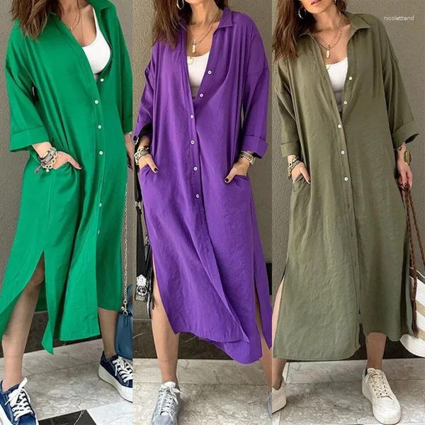 Robes décontractées Printemps Chemise Robe Femmes À Manches Longues Côté Split Bouton 2024 Femme Élégante Couleur Unie Poche Lâche Robes