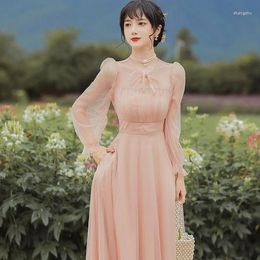 Vestidos casuais primavera cor sólida malha vestido de fada mulher vintage manga bufante princesa cintura alta elegante feminino K383
