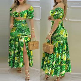 Casual jurken lente zomer 2023 dames mode elegante sexy bohemian off schouder gedrukte gesplitste rok tweedelige set hoge taille