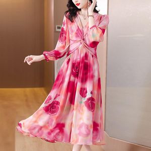 Robes décontractées printemps été bleu Floral soie luxe longue robe femmes Boho rouge élégant Chic fête nuit 2023 mode coréenne