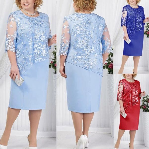 Vestidos casuales Primavera / Verano Elegante para las mujeres 2024 Fiesta Sheer Half Manga Floral Lace Capas Madre de la novia Vestido Midi Boda