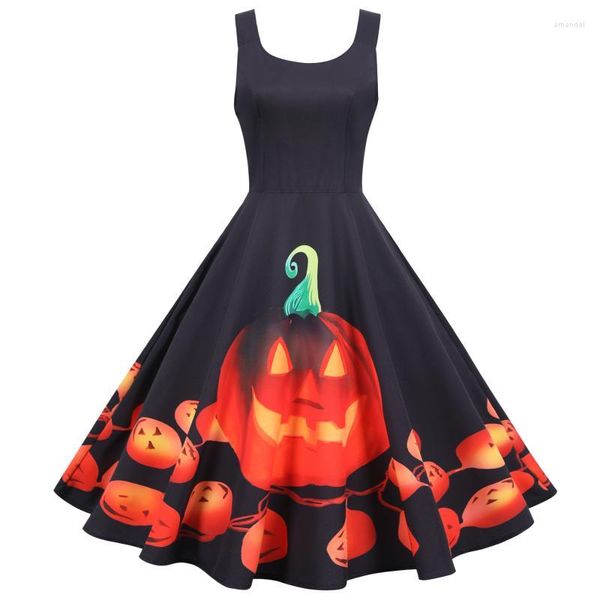 Robes décontractées printemps été automne Halloween Jack-o'-lanterne imprimé encolure dégagée sans manches femmes dames fête Mini robe patineuse courte