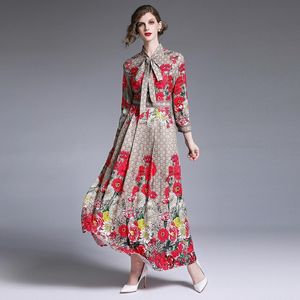 Robes décontractées Printemps Été Automne Piste Lettre Imprimé Floral Col Ruban Cravate Cou À Manches Longues Femmes Parti Casual Empire Taille Maxi Robe 220829