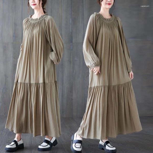 Robes Décontractées Printemps Eté Mode Femmes Couleur Unie Simple Lâche A-ligne Robe Femme À Manches Longues À Volants Cou Japon Style Baggy Plissé