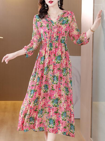 Vestidos casuales Primavera Verano Floral Seda con cuello en V Vestido estampado Mujer 2023 Moda mujer Coreana de alta calidad Vestidos de fiesta elegantes