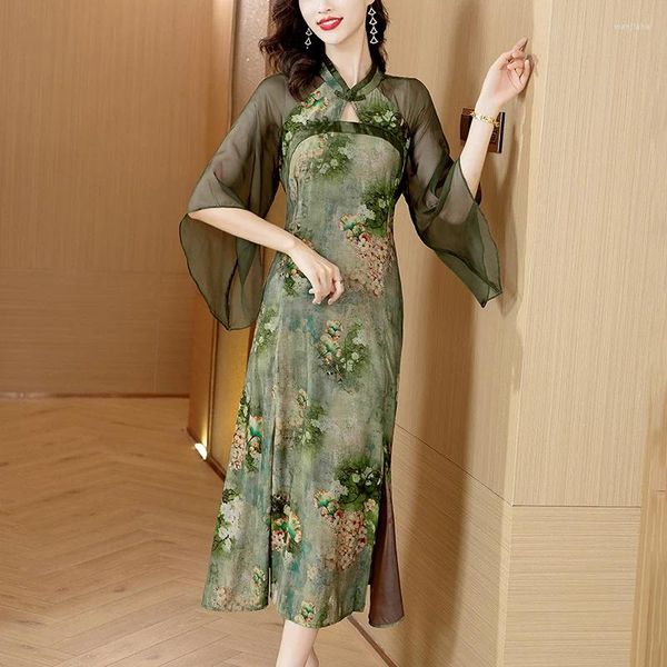Robes décontractées printemps été verte floral silk robe longue femme coréenne mode luxe danse 2024 élégant bodycon