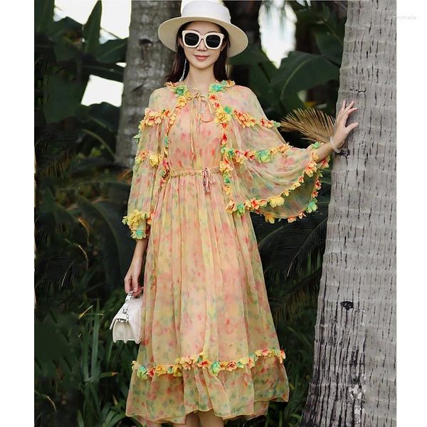 Vestidos informales Primavera/Verano Gama alta Estampado de seda para mujer Atado Flor Mangas de capa Cinturón de moda Vestido elegante de longitud media Talla única