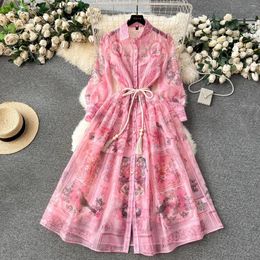 Vestidos informales de la primavera de verano Flower estampado de flores largas manga de linterna para mujeres encaje de pecho una línea de túnica suelta Vestido 2029