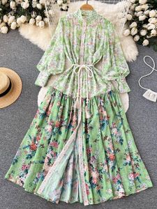 Robes décontractées Printemps Été Vacances Fleur Verte Robe Boho Femme Lin Manches Longues Lanterne Ceinture Simple Poitrine Lâche Une Ligne Maxi