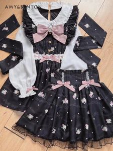Casual jurken lente zomer Japanse zoete boog jurk dames mij mijn massa geproduceerde kawaii bedrukte poppen kraag lolita