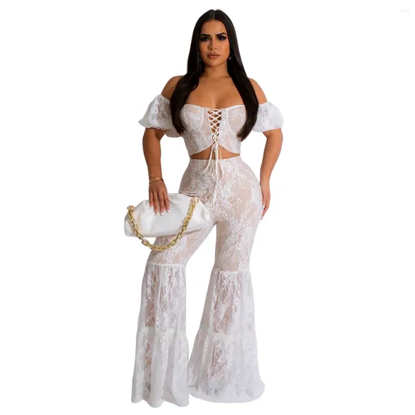 Robes décontractées Printemps Été Dentelle Crop Top Sexy Deux Pièces Pantalons Ensembles Dames Longues Capes Plage Kaftan Blanc Sortie Femmes Élégante Robe D'été