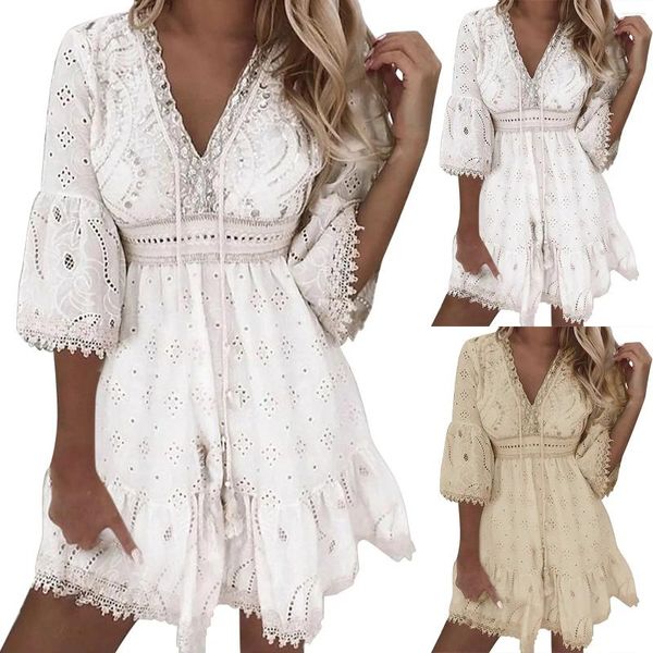 Vestidos casuales de primavera de verano encaje para mujeres de tamaño grande bohemio sexy vestido sexy vlae brote manga flojo para mujeres