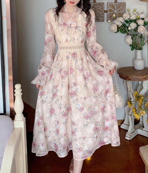 Robes décontractées printemps été longue robe rose Kwaii mignon doux femmes imprimer mode coréenne Floral Patchwork fête