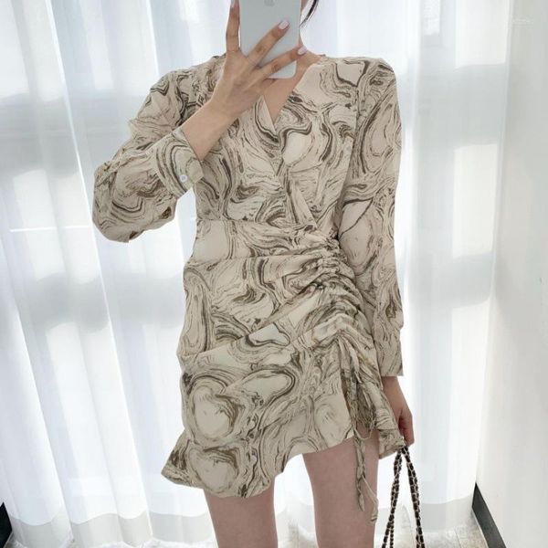 Vestidos casuales Primavera Verano Sexy Girl Party Vestido corto de una pieza String Up Folds Long Sleeve Robe Vestido