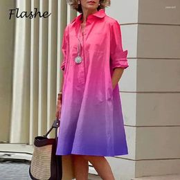 Vestidos casuales Primavera Verano Camisa Vestido Mujeres Turn Down Collar Manga larga Tie Dye Impresión Midi para elegante bolsillo Holiday Robe