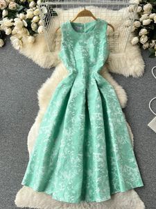 Casual jurken lente zomer slanke mouwloze tanktop jacquard organza jurk dames pleit a-line vintage dames elegant feest lange mantel