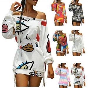 Casual jurken Spring Summer Street Ladies Dress Sexy One-Shoulder Graffiti Print strakke taille met lange mouwen veter trui dresscasual