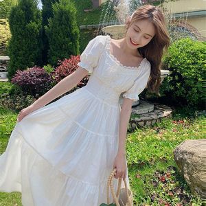 Casual jurken lente zomer dames korte puff mouw paarse elegantes lange jurk vierkante kraag kraag vestidos vrouwelijke vintage fee kawaii jurken