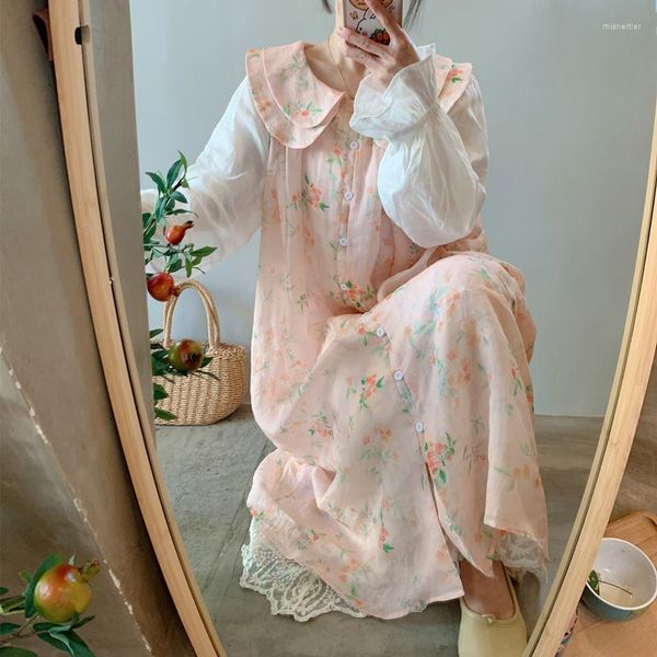 Robes décontractées Printemps Porter Japonais Sen Femme Poupée Col Ramie Floral Long Cardigan Lâche Coton Lin Femmes Robe À Manches Longues