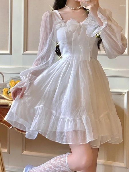 Robes décontractées Printemps Blanc Robe douce Femmes Manches longues Col carré Volants Princesse Mode coréenne Kawaii Fairy Bow Slim Mini