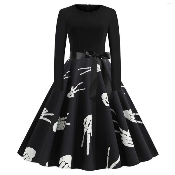 Vestidos casuales Primavera Invierno Otoño Halloween Esqueleto Impresión de la mano Equipo O Cuello Arco Manga larga Mujeres Damas Patinador corto Fiesta Fany Vestido