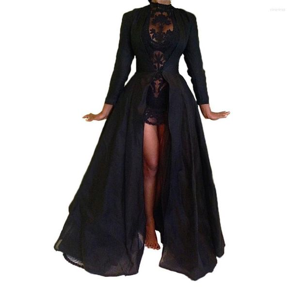 Vestidos informales Vestido de mujer de primavera Negro Sexy 2 piezas Chaqueta transparente de encaje gótico Vestido largo Fiesta Disfraz de Halloween Traje Moda para mujer