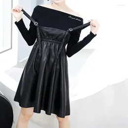 Casual jurken lente vrouwen zwart echt leer echte schapenvacht mouwloze verstelbare riem hoge taille slanke a-line jurk robe vrouw