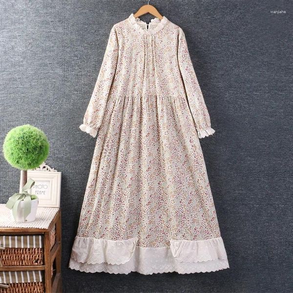 Robes décontractées Printemps Femmes Japonais Petite dentelle fraîche Col rond Broderie Robe à manches longues Coton Lin Lâche Midi