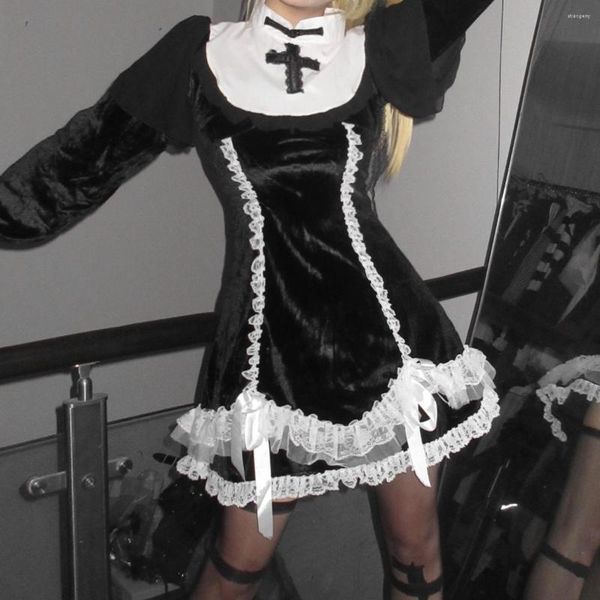 Vestidos casuales primavera mujer Lolita negro vestido de manga larga gótico Harajuku Punk dulce estilo pijo Kawaii moda temperamento Mini