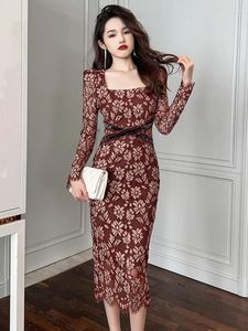 Casual Jurken Lente Vrouwen Midi Jurk Elegante Retro Temperament Kant Haak Bloem Holle Lange Mouw Hoge Taille Gewaad Femme Office Party