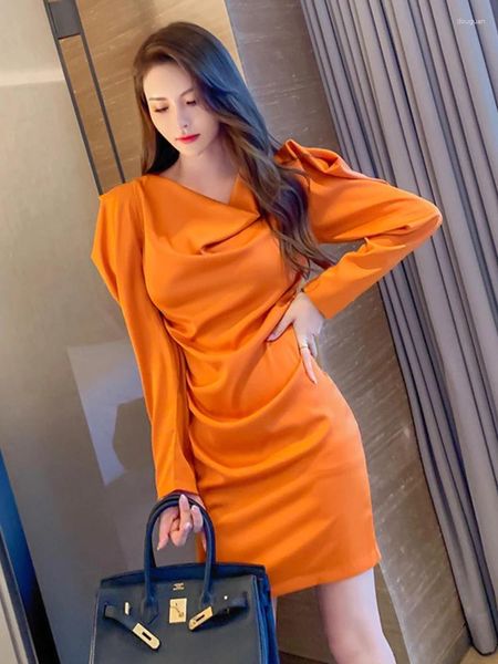 Vestidos casuales mujeres mini vestidos naranja elegante fahion pilón de pilotes bocanado de manga larga pluntas delgadas