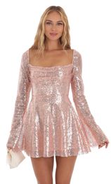 Casual jurken Mini-jurk met vierkante hals voor dames Glitterpailletten Uitlopende mouwen Ruglooze met gekruiste vetersluiting Clubjurk voor cocktailparty