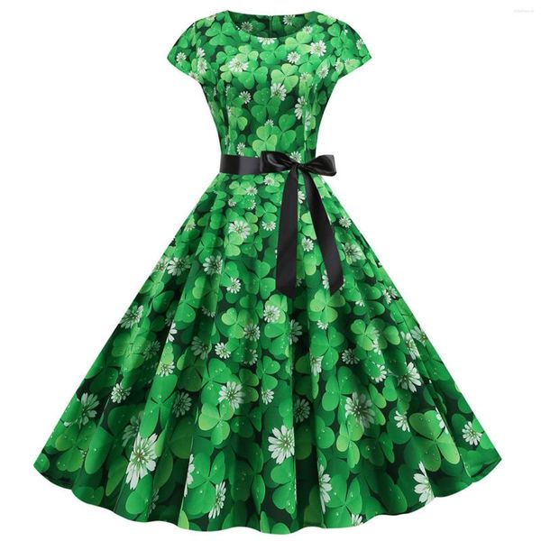 Robes décontractées St. Patrick's Day Rockabilly Dress Femmes Vintage À Manches Courtes Imprimé O Cou Arc Big Swing Élégant Parti Vestidos