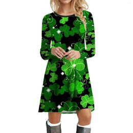 Robes décontractées St. Patricks Day Femmes Manches longues O-Cou Festival irlandais Vert Shamrock Clover Robe à quatre feuilles Genou High Robes