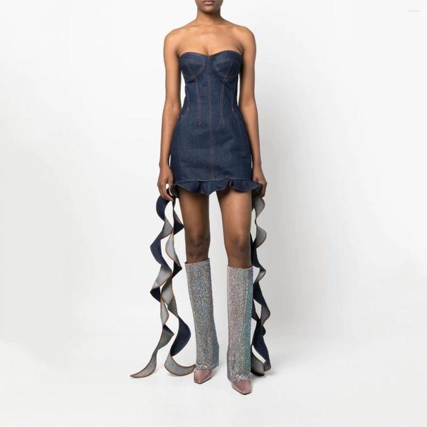Vestidos casuales Stand Wrap Espiral Ruffle Denim para mujeres 2023 Sexy y elegante Cintura Vendaje Flutter Stitching Paquete Hip Mini Vestido